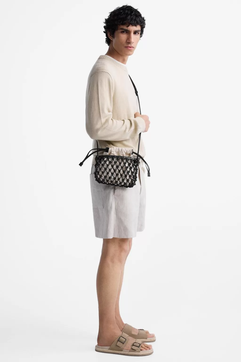 ZARA BANDOLERA PIEL MACRAMÉ<Hombre Bolsos / Mochilas