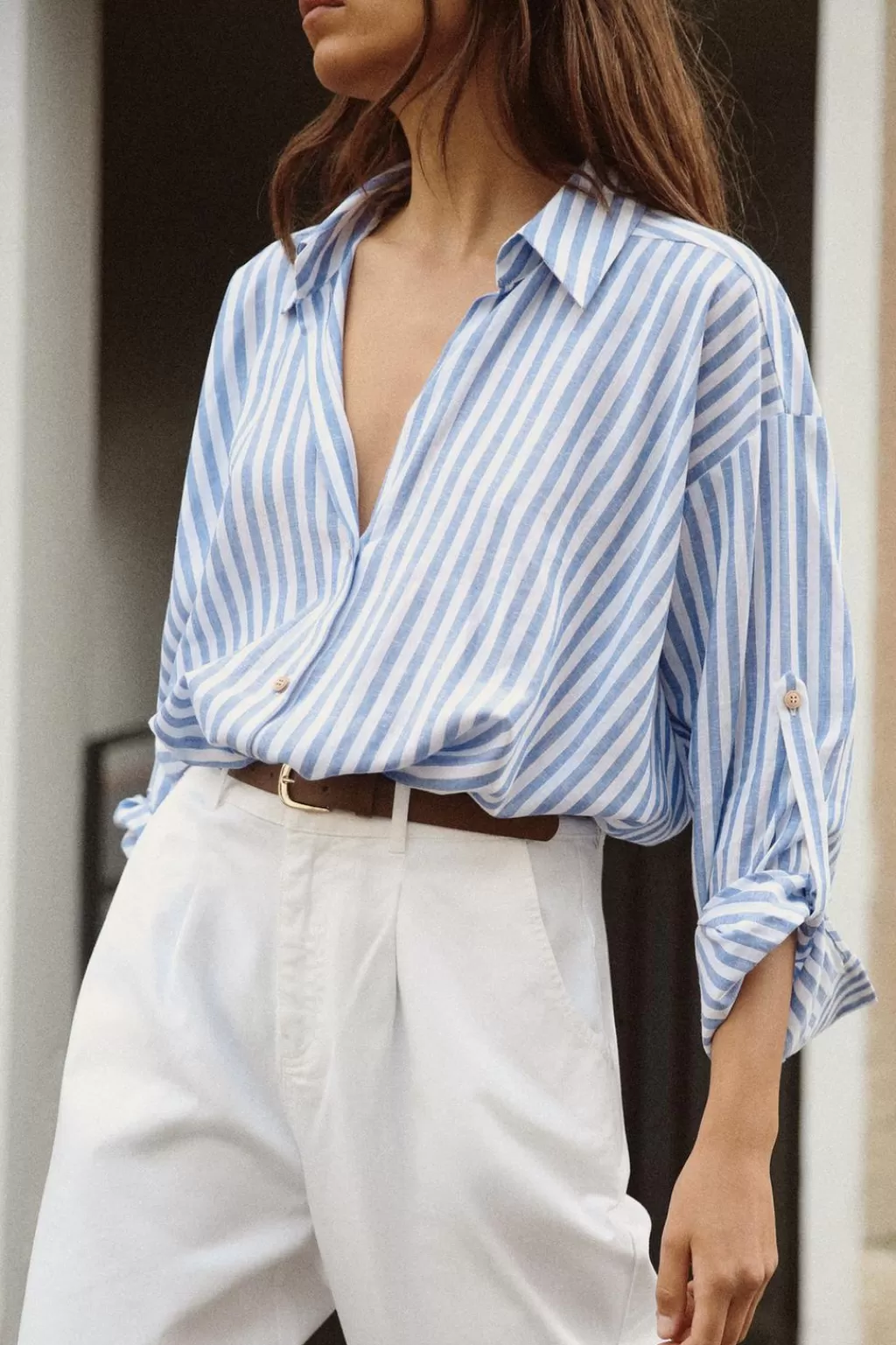 ZARA CAMISA NUDO RAYAS CON LINO<Mujer Camisas / Blusas