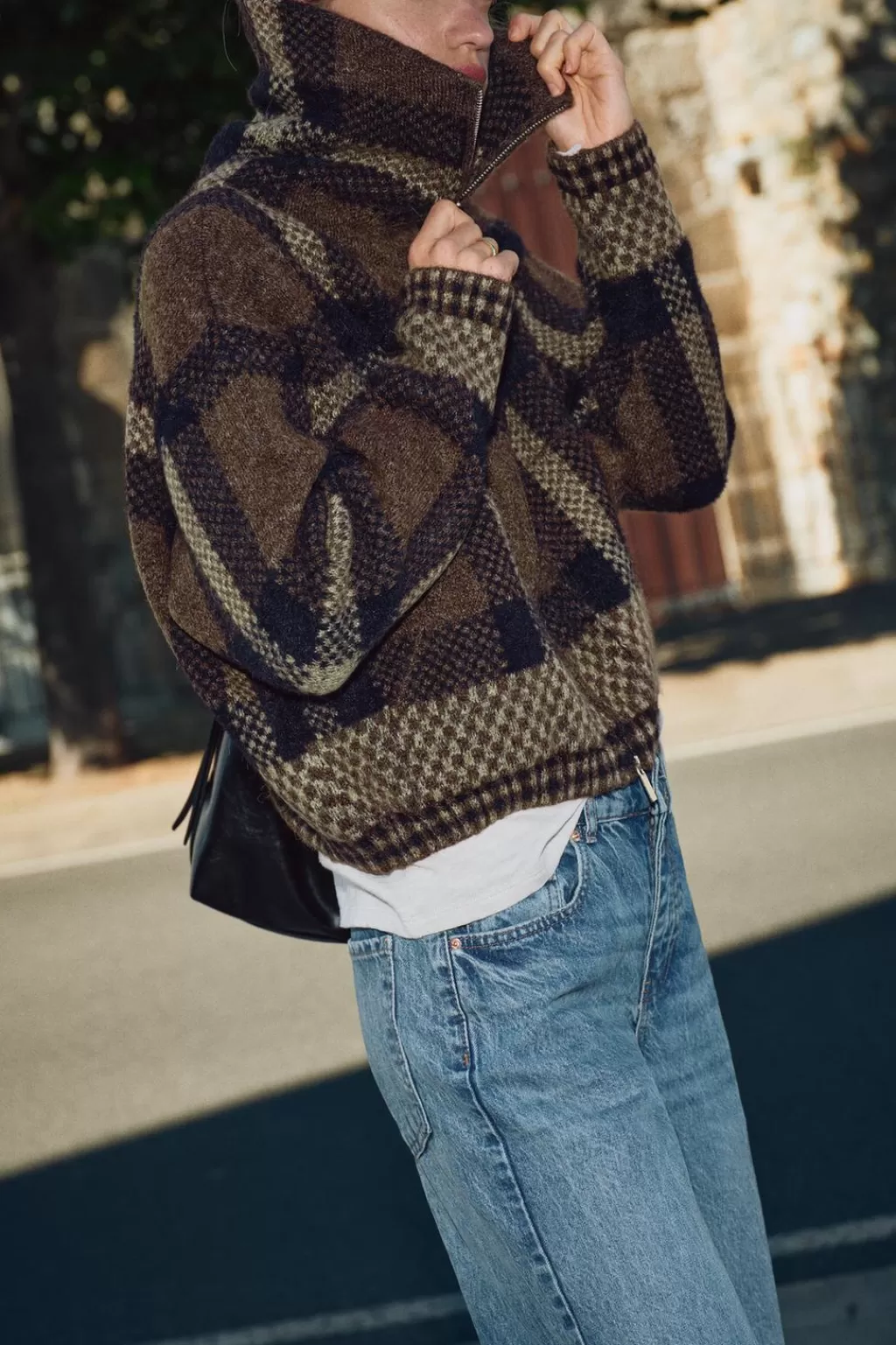ZARA CHAQUETA BOMBER PUNTO CUADROS<Mujer Cárdigan / Jerséis | Punto